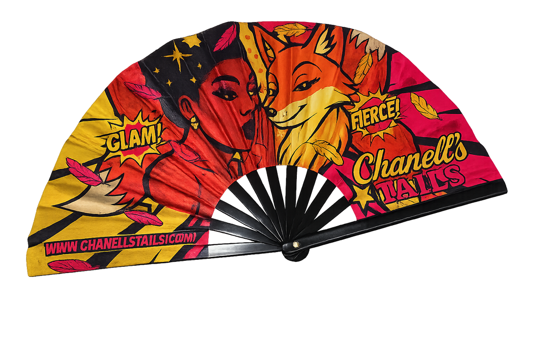 Decorative clack hand fan from Chanell's Tails for drag show audience